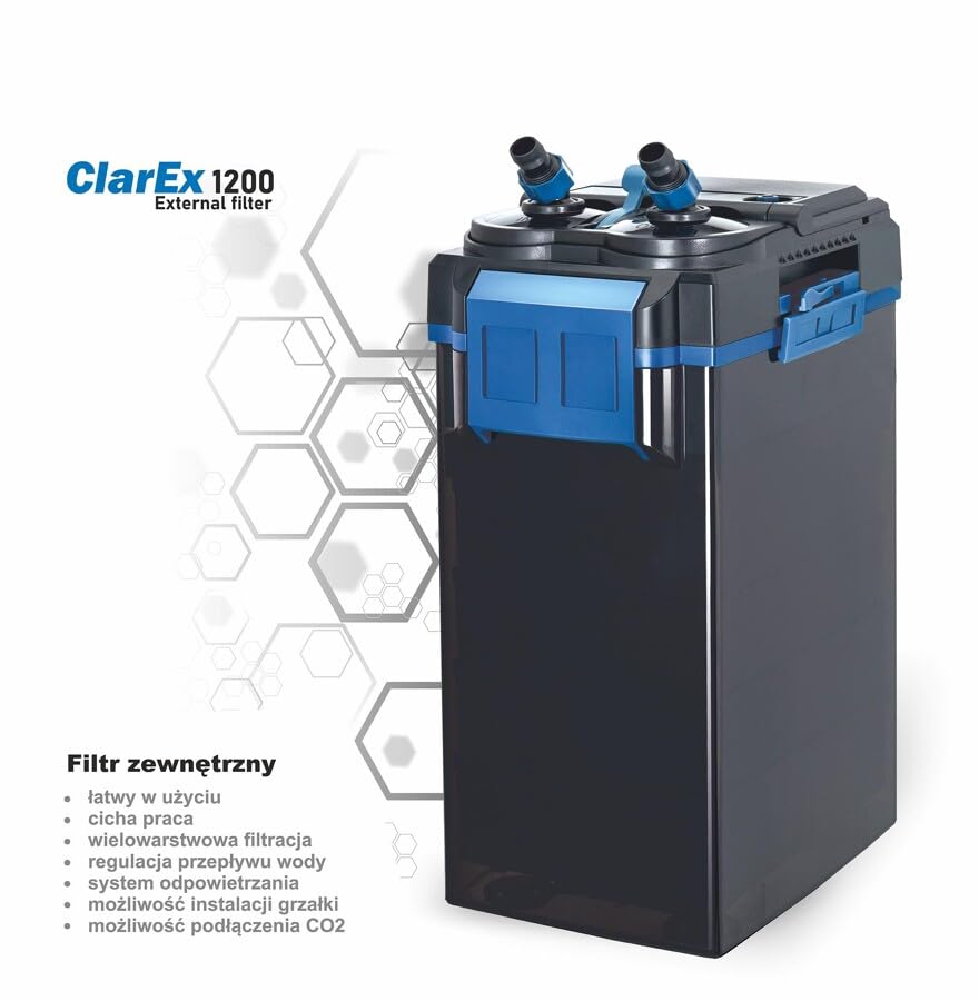 HAPPET ClarEx 1200 Filtr Kubełkowy do Akwarium 300–500 l, Filtr Zewnętrzny Akwariowy 1200 l/h, Cichy Filtr do Akwarium, Filtracja Mechaniczna i Biologiczna, Regulacja Przepływu, CO2 Ready