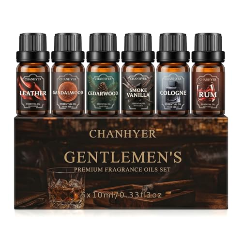 Coffret d'Huiles Essentielles pour Diffuseurs Luxe Hommes 6 x 10ml - Cuir, santal, rhum, cèdre, vanille fumée,Cologne,pour Humidificateur Cadeau pour un ami