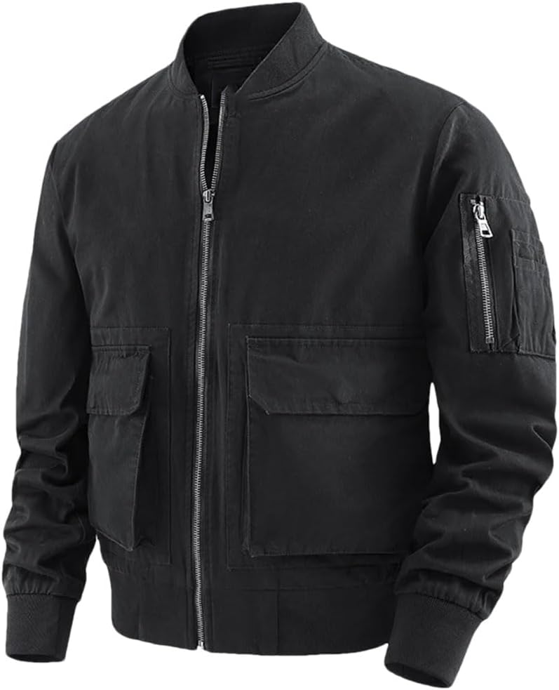 Men’S Cotton Flight Jacket Casual Style Stand-Up Collar Long Sleeve Cargo Baseball Outerwear Coat With Zipper