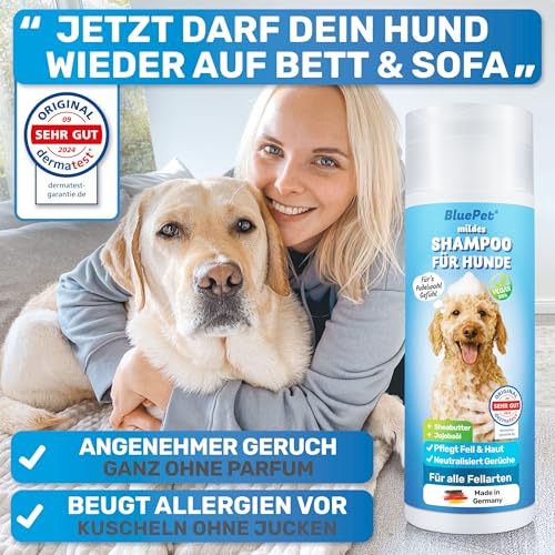 BluePet Mildes Hundeshampoo Gegen Juckreiz, Gerüche & Schmutz 200ml - Rückfettend & pH-Neutral - Für alle Hunderassen, Langhaar & Weißes Fell + Mit Aloe Vera & Jojobaöl