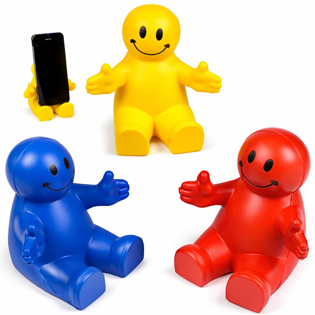 Zugar Land 4" Fun Colorful Squeezable Smile Face Guy Phone Holders (3 Pack) Stress Relief Desk Accessories, Flexible Silicone Stand for Smartphones &