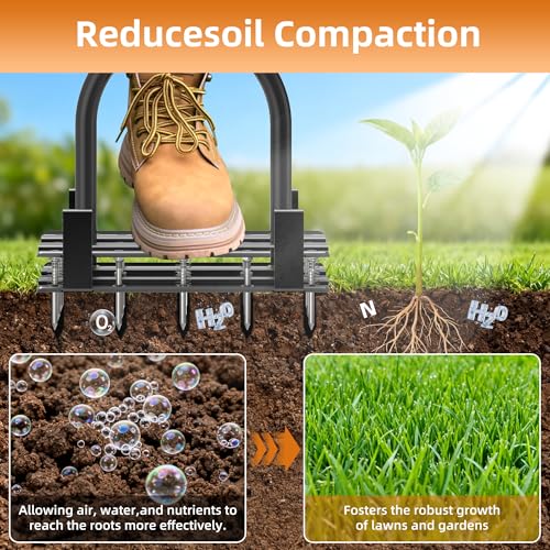 Image of Aerator Lawn Tool - 2-in-1 Reinforced Heavy Duty Manual Lawn Aerator with 15 Spikes, Automatic Dirt and Leaf Clean Design, Adjustable T-Handle (Orange)