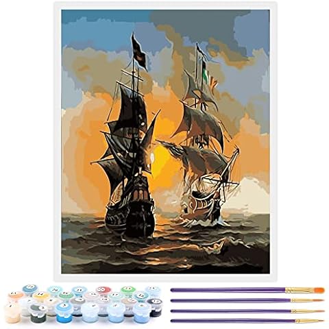Toudorp Paint by Numbers Landscape DIY Acrylic Painting Kit for Kids & Adults Beginner - 40cm x 50cm Warship Pattern Painting by Numbers with 3 Brushes & Bright Colors Without Frame Cover
