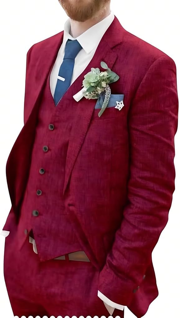 Retro Linen Men Suit Beach Wedding Suit 3 Piece Summer Slim Fit Jacket Vest Pant Tuxedo