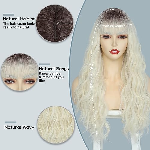 Nayoo Ombre White Wigs With Bangs For Women, 26 Inches Long Wavy Wigs Natural Looking Synthetic Hair Replacement Wigs For Daily Cosplay Party Halloween Costume（Ombre White） #TOP1
