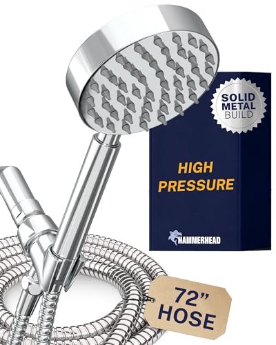 HammerHead Showers® Solid Metal Handheld Shower Head with Hose and Brass Holder - CHROME - 2.5 GPM High Pressure Shower Heads with Adjustable Shower Wand Bracket - 6ft Flexible Extension