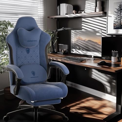 Image of Dowinx Gaming Chair with Heated Massage Lumbar Support,Big and Tall Fabric Gaming Chairs for Adults with Footrest, Ergonomic Computer Game Chair with Poket Spring Cushions, 350lbs, Blue