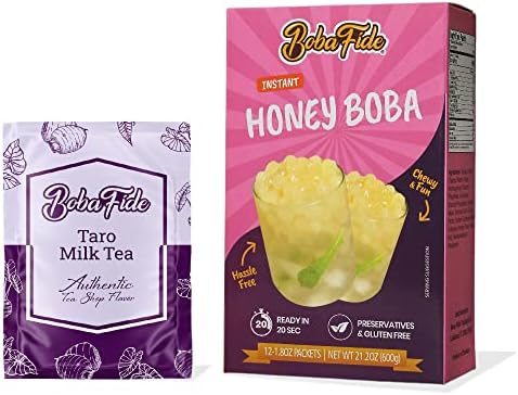 Boba Fide Instant Honey Boba Tapioca Pearls + Taro Latte Boba Milk Tea Mix, Great Value Family Bundle, Free of Preservatives, Gluten or High Fructose Corn Syrup