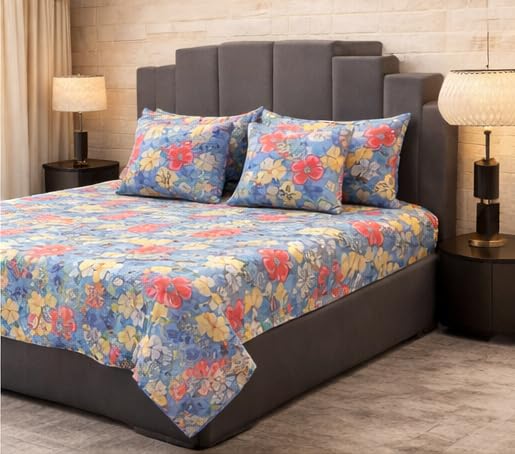 Image of Jashan 210 TC Premium Glace Cotton Elegant Multi Flowers Design 5 Pc Bedding Set - Soft, Stylish & Skin-Friendly Bedding Combo 1 Bedsheet+2Pillow Covers+2Cushion Covers with Fillers