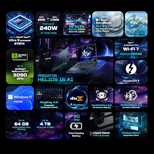 Image of acer Predator Helios 16 AI, Intel Core Ultra 9 Processor,RTX 5090-24 GB GDDR7,32 GB /1 TB, WQXGA OLED, 16.0 inch /40.64 cm, 240Hz, Win 11 Home, Abyssal Black, 2.65 kg, PH16-73, RGB KB, Gaming Laptop