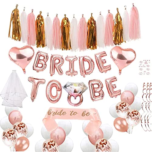 AM ANNA Rose Gold Bride to Be Bachelorette Party Decorations Kit 56pcs inculde Rose Gold Balloons Bride to be Ring Heart Star Ballons for Bridal Shower Party(Rose Gold Bridal Shower Decorations)