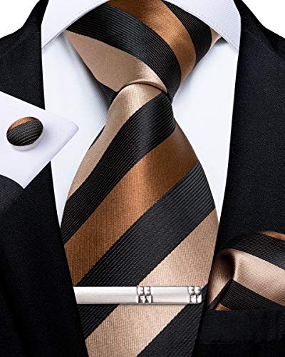 Dibangu Men's Stripe Tie Silk Woven Necktie Pocket Square Cufflink Set Formal Business Prom Wedding (Brown) #TOP3