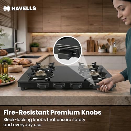 Image of Havells GEOSLIM Gas stove |4 Heavy Duty Forged Brass Burner|6 mm Toughened Glass|Premium Valves|Removable Drip Tray|Soft Touch Knobs|5 year Warranty on Burners, Glass & Valves by Havells (Black)
