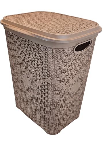 BH | 65L - Plastic Laundry Basket | Brown | Large | Knitted/Rattan Style | With Lid | Durable, Lightweight | Clothes Washing Bin Basket Hamper for Bathroom Bedroom (Pack of 1) - By BEST HOUSE