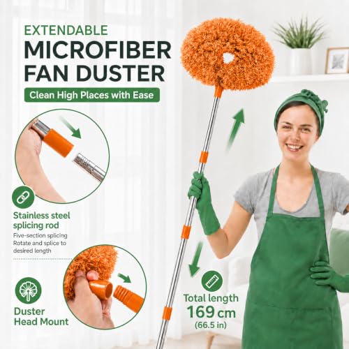 Image of Maxoshine Fan Cleaner Brush with Long Rod Flexible Fan Cleaning Mop Microfiber Dust Cleaner Foldable Duster Microfiber Duster for Cleaning of Home, Kitchen, Car (Orange)