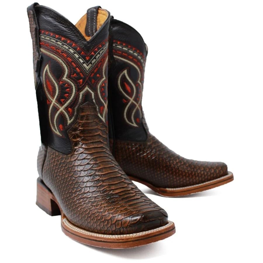 Men’s Exotic Snakeskin Genuine Leather Python Print Square Toe Cowboy Western Boots - Honey2