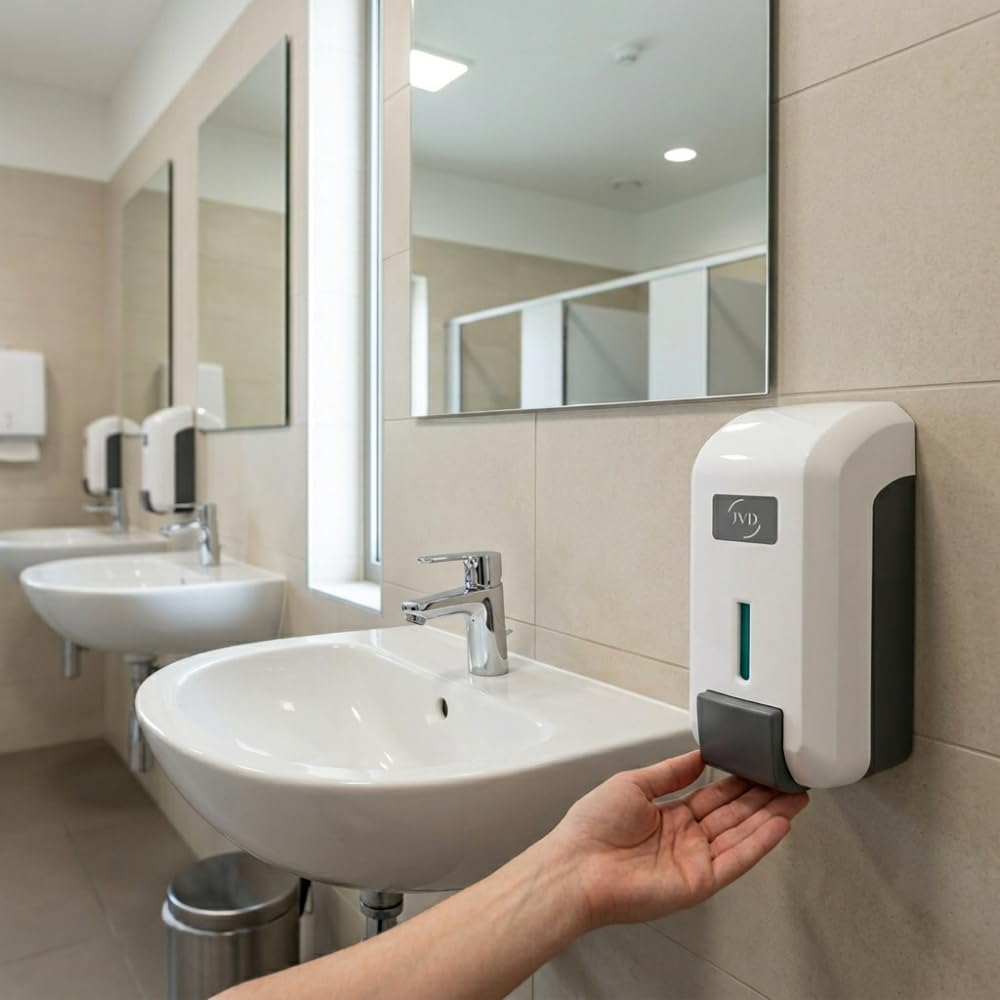 JVD Distributeur Savon Cleanline Gel Blanc - Compatible Savon Toute Marque Blanc - Compatible Savon Gel - Bouton Poussoir - Anti-vandalisme - Matériel Professionnel
