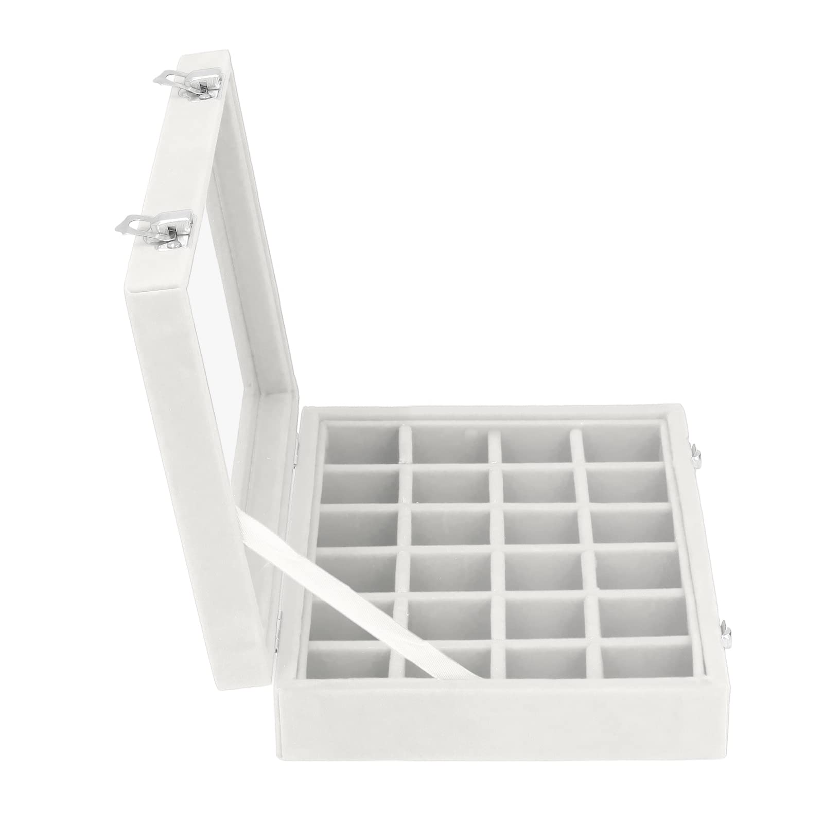 Jelquix Small Velvet Jewelry Box Organizer with 24 Compartments Elegant Storage Case for Jewelry and Accessories Velvet and Glass (White)