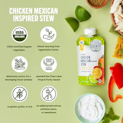 Image of Serenity Kids Organic Baby Food Pouches, Chicken, 5g Protein,3.5 Oz, 6 Pack | 5g Protein, No Added Sugar, Savory Chicken Mexican Stew, Free-Range Chicken & Organic Veggies, Toddler Food, Baby Snacks