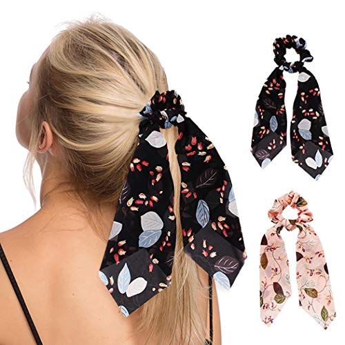 Woeoe Floral Hair Scarfs Scrunchies Black Chiffon Hair Ties Set Stretchable Ponytail Holders Hair Accessory for Women and Girls (Pack of 2?