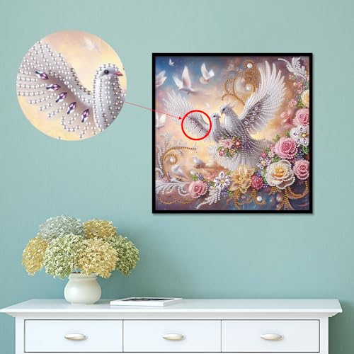 Image of AiYuanzsh Diamond Art Painting Kits for Adults, 5D Special Shape Diamond Art Kits for Beginners, Crystal Rhinestones Diamond Painting for Home Wall Decoration Gift 12x12 inch, Happy White Dove
