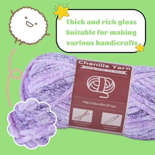 Image of LUNARM Chenille Yarn for Crochet Knitting Chunky Blanket Velvet Yarn | 3 Pack 3.5oz /100g 263 Yard Purple Gradient Yarn for Beginners Knitting Scarves with Big Eye Needles Machine Washable