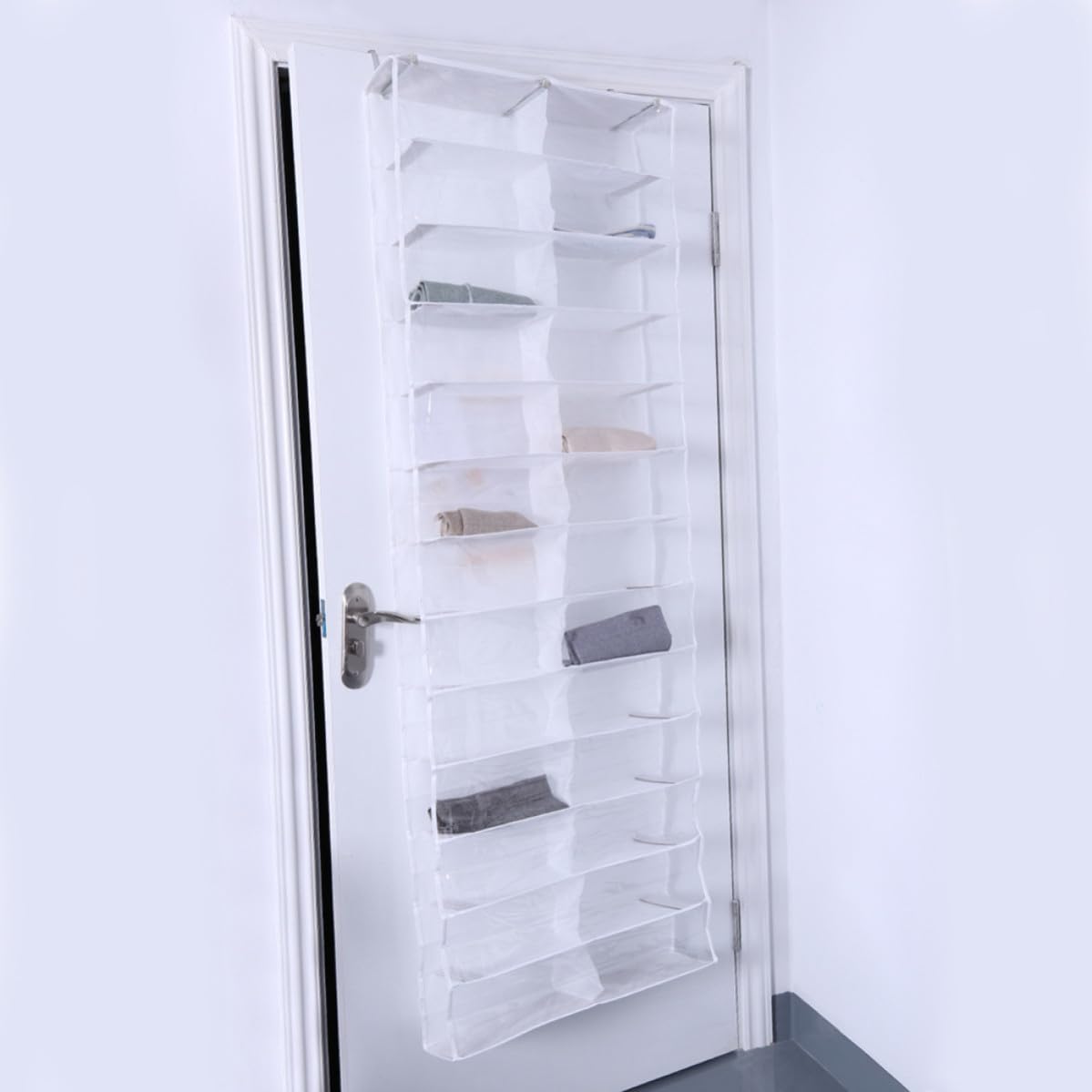 HOMSFOU 2 Piezas Bolsa de Almacenamiento de Zapatos, Organizador de Zapatos para Puerta, 26 Bolsillos, Pvc, Tela No Tejida y Metal, Blanco, Colgador Gancho, para Dormitorio y Habitación