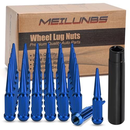 32Pcs M14x1.5 Spike Lug Nuts, 4.4" Tall Acorn Style with Socket Key – Compatible with Chevy Silverado, Ford F-Series, GMC, Blue