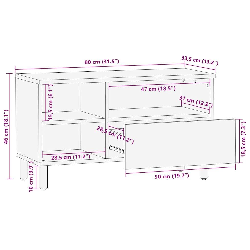 Mobile TV nero in legno di mango grezzo, 80 x 33,5 x 46 cm, con cassetto e scomparto, console multimediale bassa per soggiorno, home theatre gaming, rack HiFi con spazio e ripiano