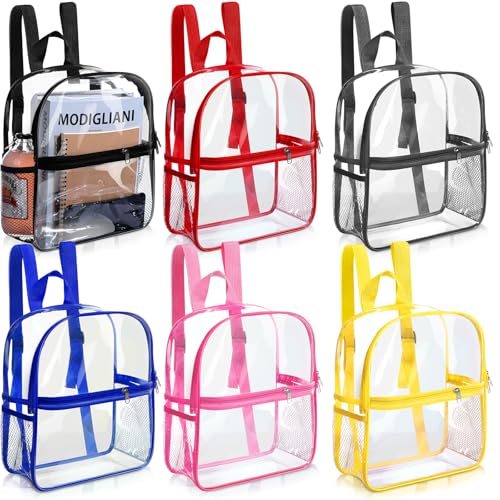 Image of Sweetude 6 Pcs Clear Backpack for Stadium Events Bulk 11.5x9.5x5.5 Inch Small Transparent Bag with Front Pocket for Concert Travel (Multicolor)