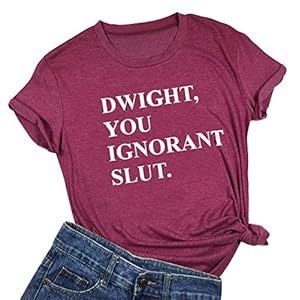 Dwight You Ignorant Slut Letter Print T-Shirt Women Casual Short Sleeve Shirts Tops Tee (Medium, Red)