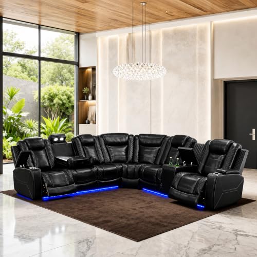 Image of Power Recliner Sectional Sofa Set with USB, LED & Storage - Black Leather Reclining Couch with Cup Holders & Pull-Down Table - Modern Living Room Furniture Set for Home Theater Comfort