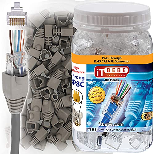 ITBEBE 100 Sets Gold Plated RJ45 Cat5 Cat5e Pass Through connectors and Gray Strain Relief Boots for 8P8C UTP Passthrough cat5e Network Insert ethernet Plug for Unshielded Twisted Pair Cables