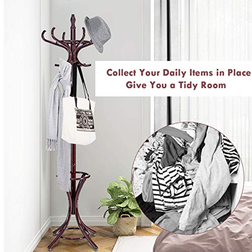 Tangkula-755-Standing-Coat-Rack-Wood-Coat-Tree-with-12-Hooks-Home-Hat-Jacket-Hanger-Tree-12-with-Umbrella-Holder-Coat-Stand-Brown Tangkula 755 Standing Coat Rack Wood Coat Tree with 12 Hooks Home Hat Jacket Hanger Tree 12 with Umbrella Holder Coat Stand Brown