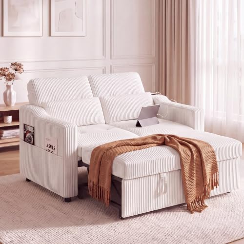 Image of 51.6 inch 3-in-1 Convertible Sleeper Sofa Bed, Pull Out Loveseat Couch with 5-Position Adjustable Backrest, USB & Type-C Ports, Side Storage Pockets, Corduroy Sofa Bed for Small Spaces