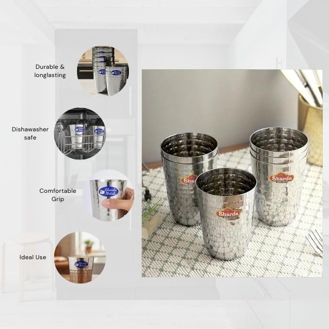 Image of Sharda Metals Stainless Steel Hammered Glass Set of 2 for Water, Juice, Soft Drinks, Lassi, Chaass & Beverages, Mathar Tumbler, Food Grade Serving Glasses - 300 ml Each