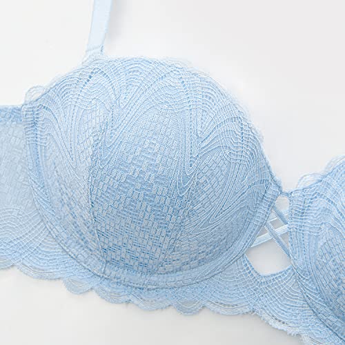 Deyllo Women's Sexy Lace Push Up Bra Underwire Lightly Lined Padded Strapless Bra, Sky Blue 36B #TOP6