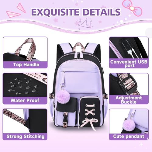 Backpack for Girls Women College Laptop Backpacks Girl Cute School Bag Set with Lunch Box Kids Bookbag with USB Charging Port College Middle High School Backpack for Teen Girls Travel Daypack-Purple4