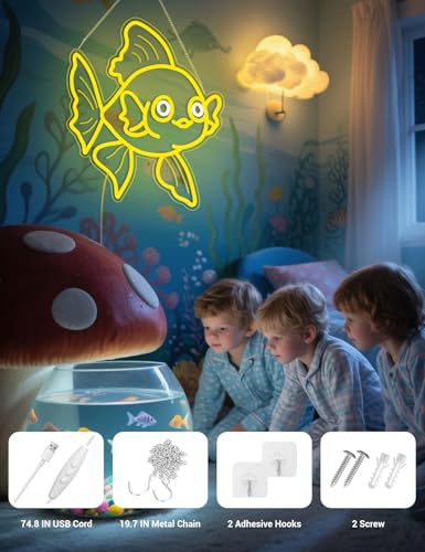 Image of Neon Sign for Bedroom, USB Goldfish Ocean Neon Light Signs for Wall Decor Dimmable LED Marine Decor Gift for Man Cave /Classroom /Angler with Hanging Kit (Goldfish)