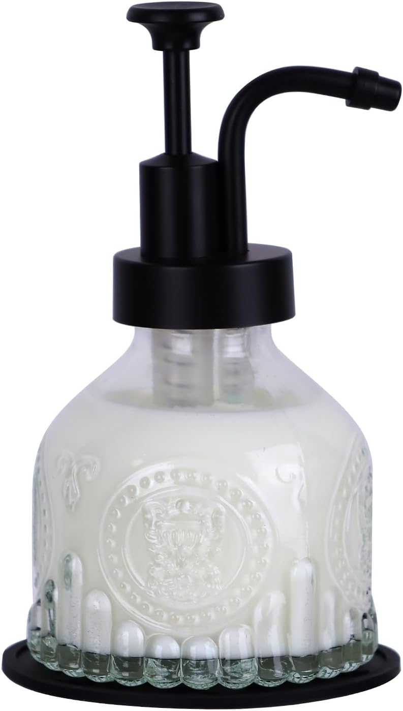 Glass Soap Dispenser for Kitchen and Bathroom Countertop, Smooth Action Pump Refillable Wash Hand Liquid, Dish Detergent, Farmhouse Style with Cylindrical Shape Shampoo Lotion Pump
