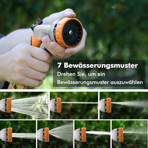 RESTMO Gartenbrause, Metall Hochdruck Garten Handbrause, 7-Funktionen Spritzdüse und Einstellbarer Wasserdurchfluss Spritzpistolen Bewässerungspistole für Bewässerung, Autowaschen,Orange
