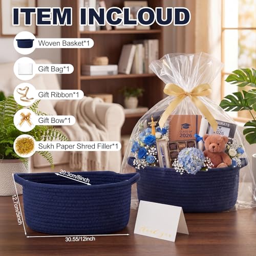 Image of Colingmill Woven Basket with Gift Bags and 2 Ribbons, Raffia Grass Paper Shred Filler, Gift Card, Empty Small Rope Basket for Storage Presents Toy Organizer(Blue,12 * 8 Inch)