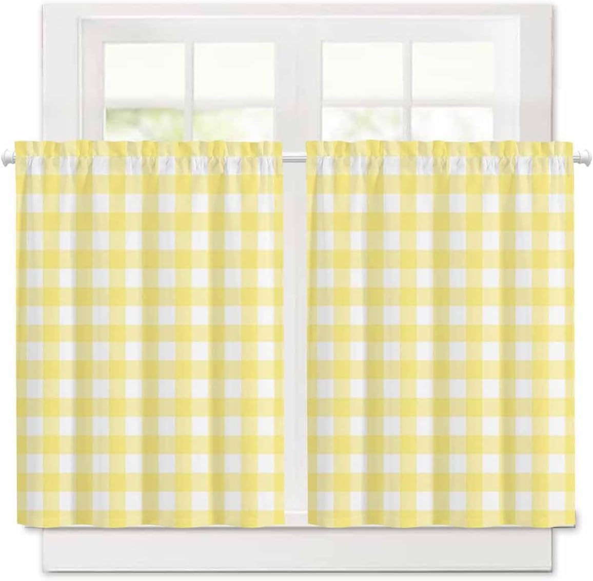 Yellow Plaid Kitchen Curtains - 36 Inch Length Kitchen Window Curtains Over Sink - Short Blackout Curtain for Small Windows - Modern Minimalist Checkered Tiers Curtain for Bathroom Window 42"x36"