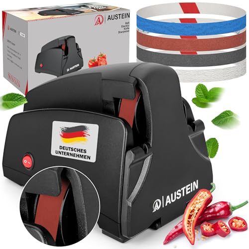 AUSTEIN® Band Messerschärfer elektrisch TG2002 - Der Profi Messerschleifer für konvexen Meister-Schliff mit 4 Schleifabstufungen (Bandschleifer)