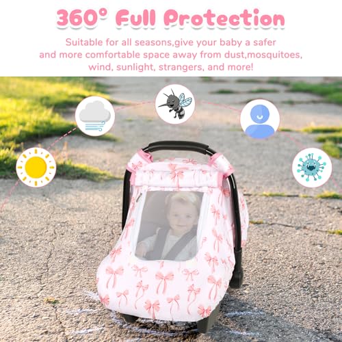 Image of Baby Car Seat Cover, Windproof Carseat Cover for Infant Girls, Infant Warm Carseat Canopy with Double Layer Fabric for Winter, Compatible with Most Baby Car Seat, Bow