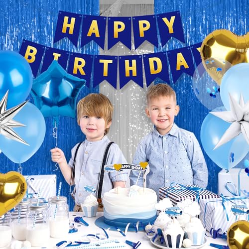 Amor Present HAPT2438 Birthday Party Decorations, Dark Blue Gold Confetti Balloons Happy Birthday Banner Fringe Curtain Hanging Swirls thumb #4