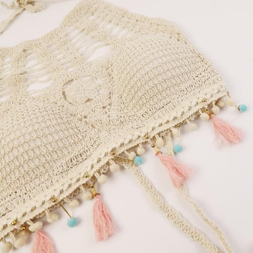 Image of PALAY Women's Summer Beach Backless Crochet Halter Bikini Crop Top Crochet Hollow Out Tassle Embroidery Knit Boho Beachwear