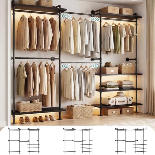 iSunirm Kleiderschrank System Offen Teleskop Kleiderstange Schwerlast Begehbarer Kleiderschrank Flexibel als L-Form oder Gerade Industrial Pipe Design für Schlafzimmer & Ankleidezimmer
