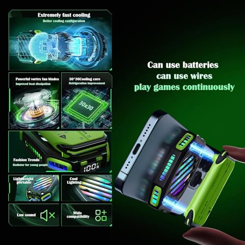 Image of Cubonic X111 Magnetic Mobile Cooling Fan with Mountable Battery Pack(1.5 hr bacup), RGB Light for Mobile Gaming, Live Streamin -Green