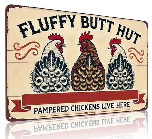 Funnysign Vintage Fluffy Butt Hut Chicken Tin Sign 8x12